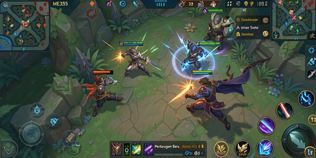 Screenshot gameplay ME355 dengan karakter dan pertarungan tim yang mendebarkan.