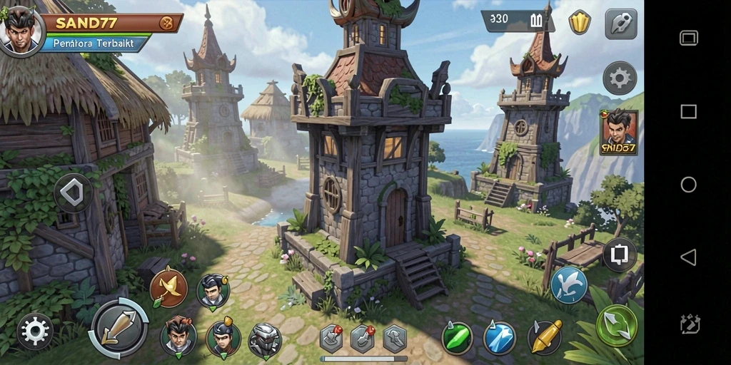Tampilan gameplay SAND77 dengan serangan menara yang epik.
