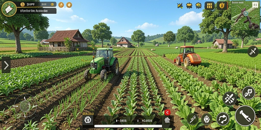 Tampilan gameplay SVIP9 yang menampilkan ladang pertanian yang indah.